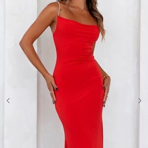 MIDI DRESS RED w/ RHINESTONE STRAPS
